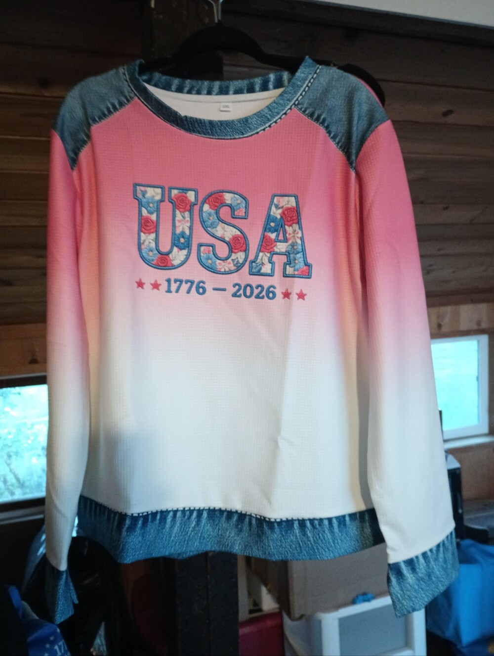 USA Floral Graphic Long Sleeve Women's Top - Pink to Cream Ombre